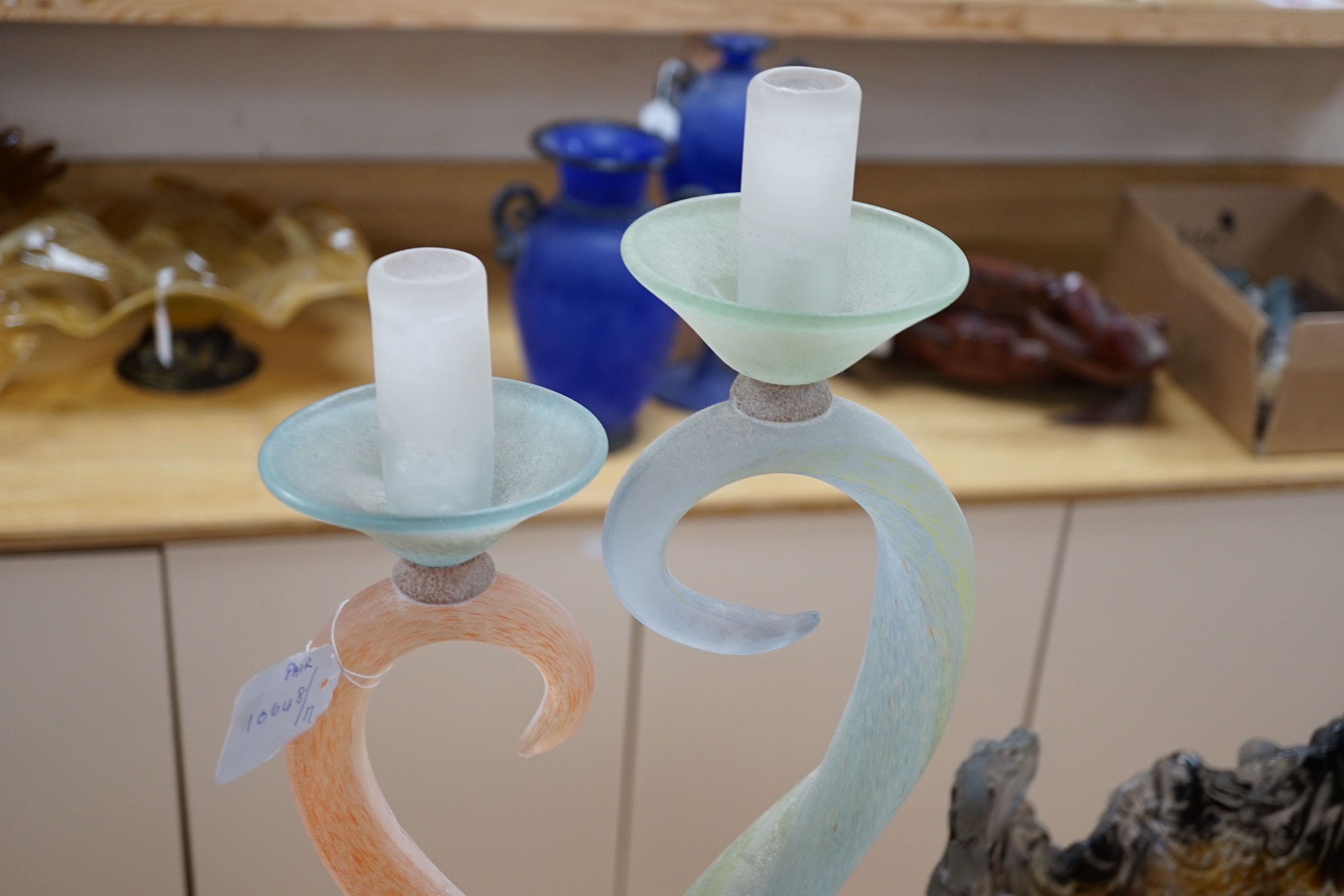 Two coloured and frosted glass two branch candelabra, indistinctly signed, probably Murano, tallest 77cm high